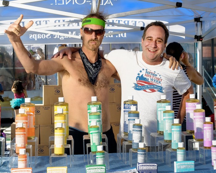 David Bronner with his brother Michael at the Del Mar Mud Run, where a Dr. Bronner's Magic Foam Experience was set up to help runners clean up after the race.